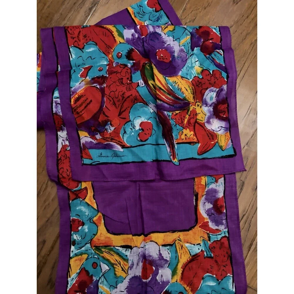 Ginnie Johansen 1989 100% Cotton Art Scarf Purple Red Yellow (Japan) 10.5